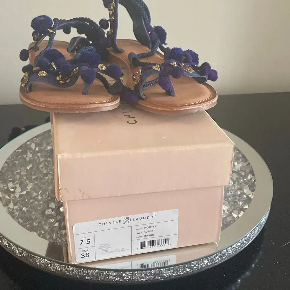 New Chinese laundry blue indigo suede pom Pom Portia gladiator sandals size 7.5